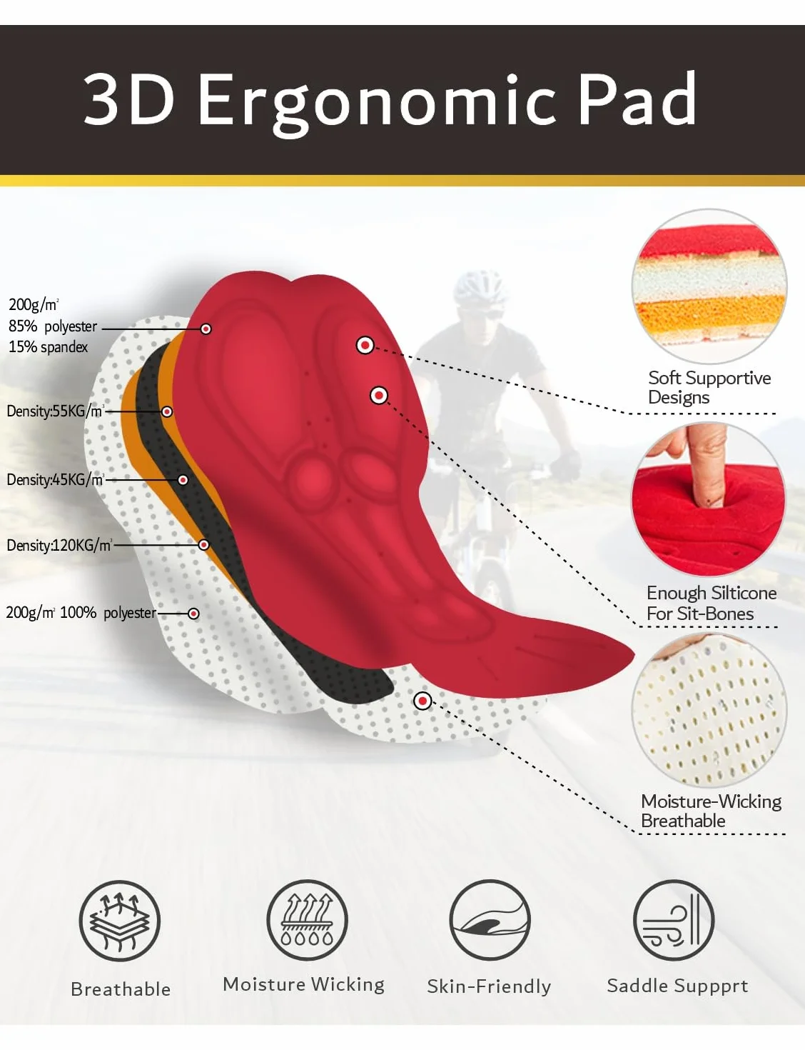 Przewalski Culotte con Tirantes de Ciclismo para Hombre con badana 3D, Tirantes de Malla Transpirables, dobladillos Antideslizantes de Silicona y Secado rápido para Carretera y Rodillo