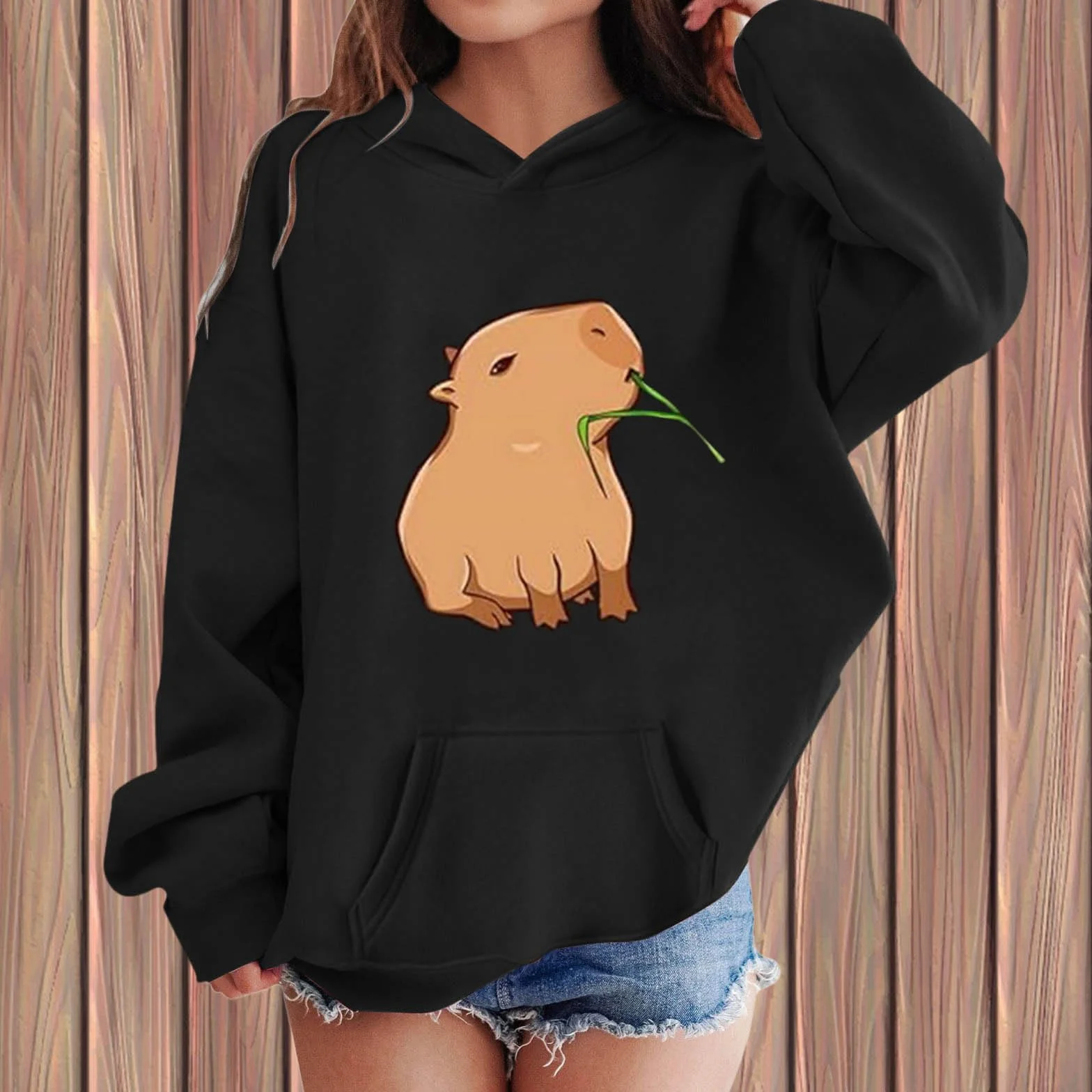 Sudadera Con Capucha Para Niña Estampado Capybara Manga Larga Forro Polar Informal Bolsillo Ropa Invierno Cálida