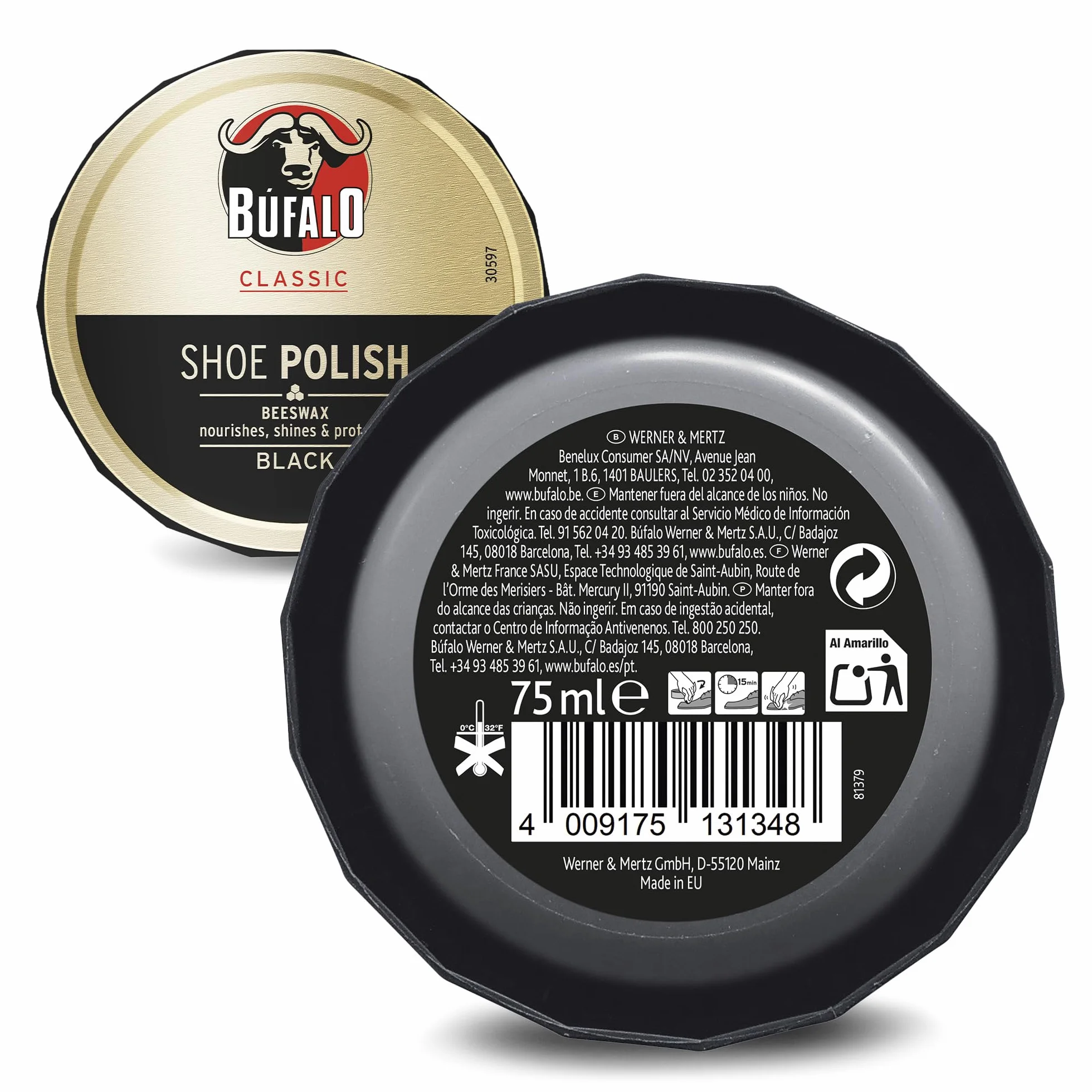 Bufalo Classic Shoe Polish, Betuna for Shoes, Care of Shoes, Cream Black, Protects and Gives Shine, Ideal for Smooth and Rustic Skin, 75 ml Tin