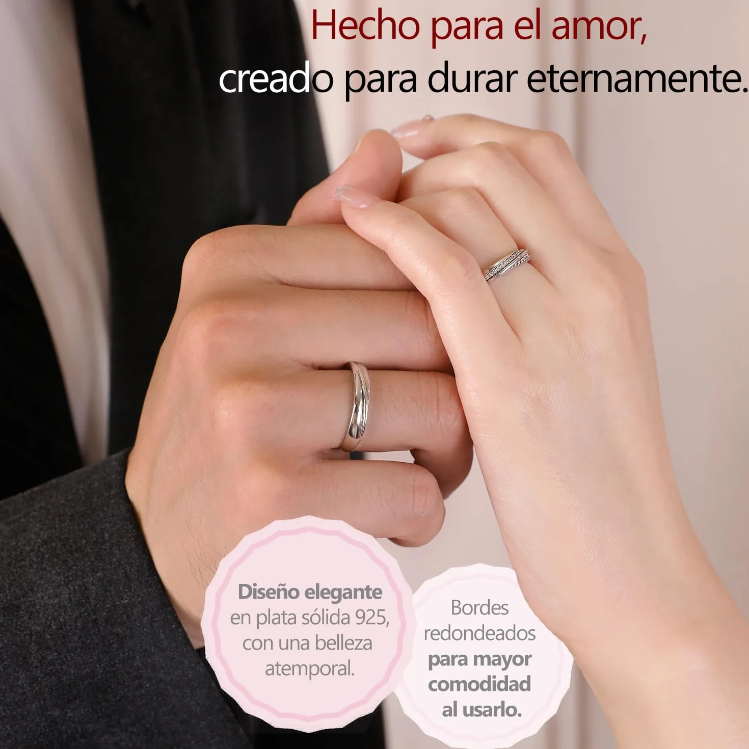 Meissa Anillo de pareja plata 925 Anillo de compromiso Anillos ajustables Joyería de boda hecha a mano Anillos de banda tamaño 4-21,25 (Grabado)