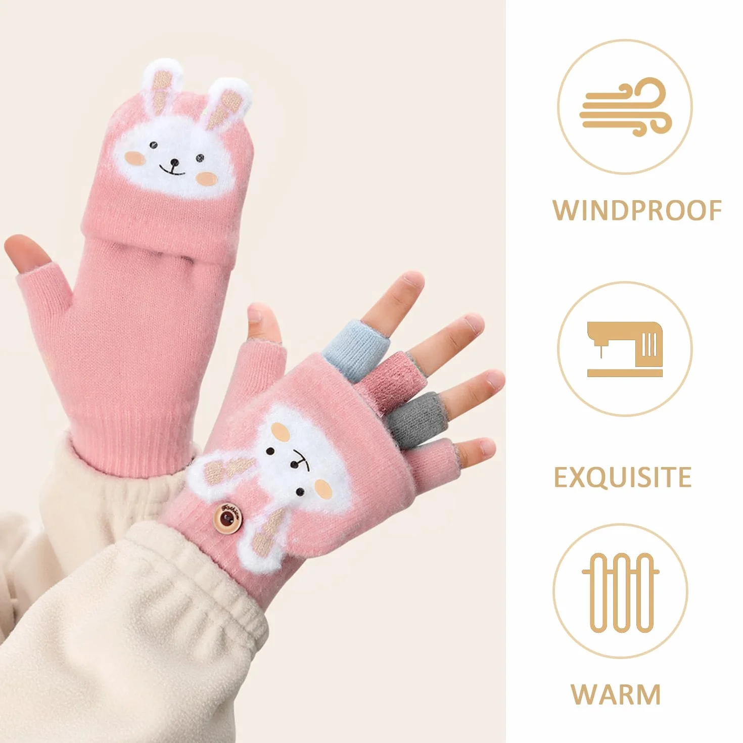 1 par de guantes de conejo para niños, guantes sin dedos, guantes rosas, guantes de dibujos animados para niñas, guantes acolchados cálidos, adecuados para el invierno
