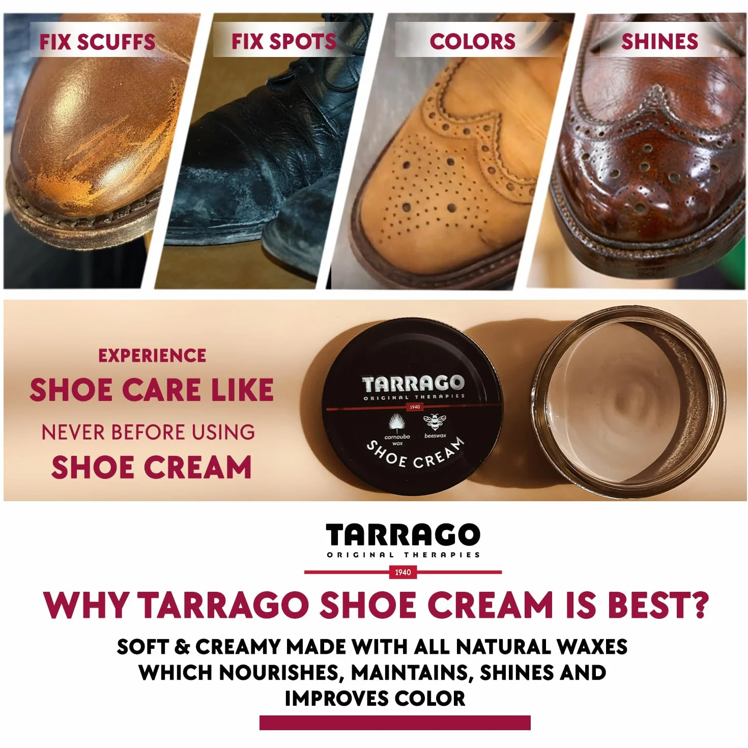 Tarrago Shoe Cream – Betún para Zapatos de Cuero y Piel 50ml | Crema Zapatos Nutritiva con Cera de Abeja y Carnauba | Alta Cobertura y Brillo | Incloloro (0)