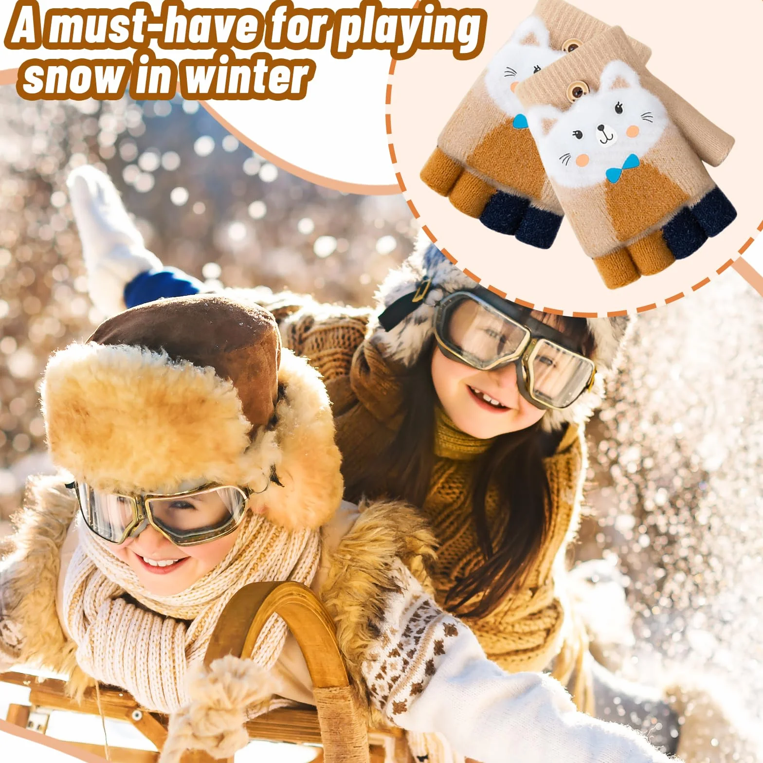Guantes de Invierno Convertibles para Niños y Niñas de 6 a 15 Años - Térmicos, Sin Dedos, Con Tapa Abatible, Cálidos y Elásticos