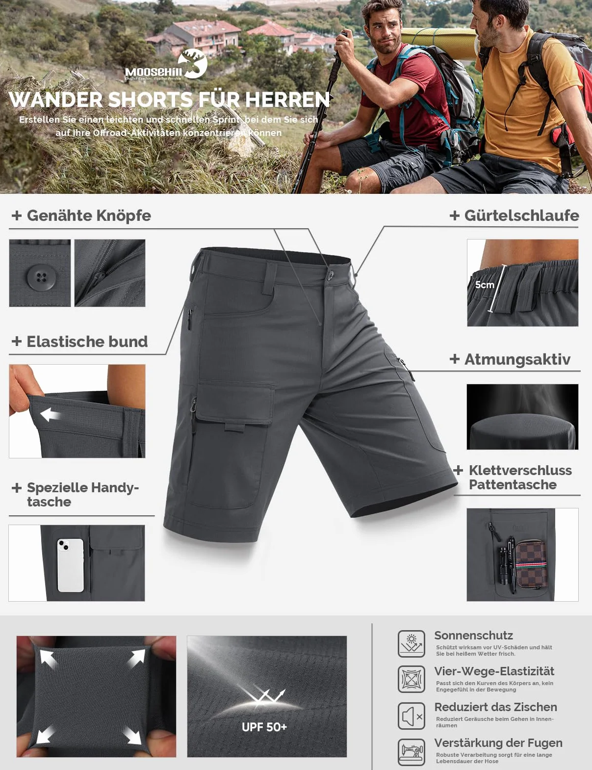 Moosehill Pantalones cortos para hombre, pantalones de senderismo, pantalones cortos cargo impermeables con 6 bolsillos, ligeros, transpirables, pantalones de ciclismo para hombre, bermudas cortas,