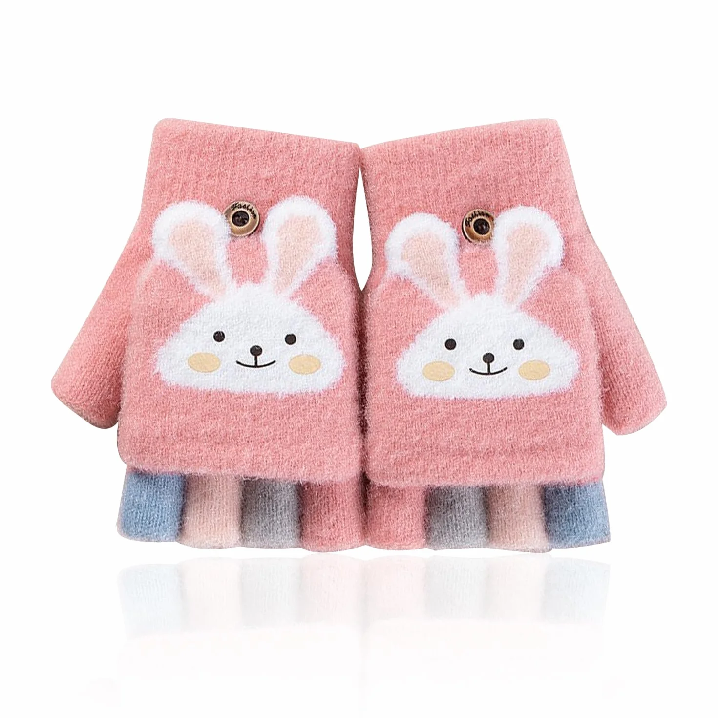1 par de guantes de conejo para niños, guantes sin dedos, guantes rosas, guantes de dibujos animados para niñas, guantes acolchados cálidos, adecuados para el invierno