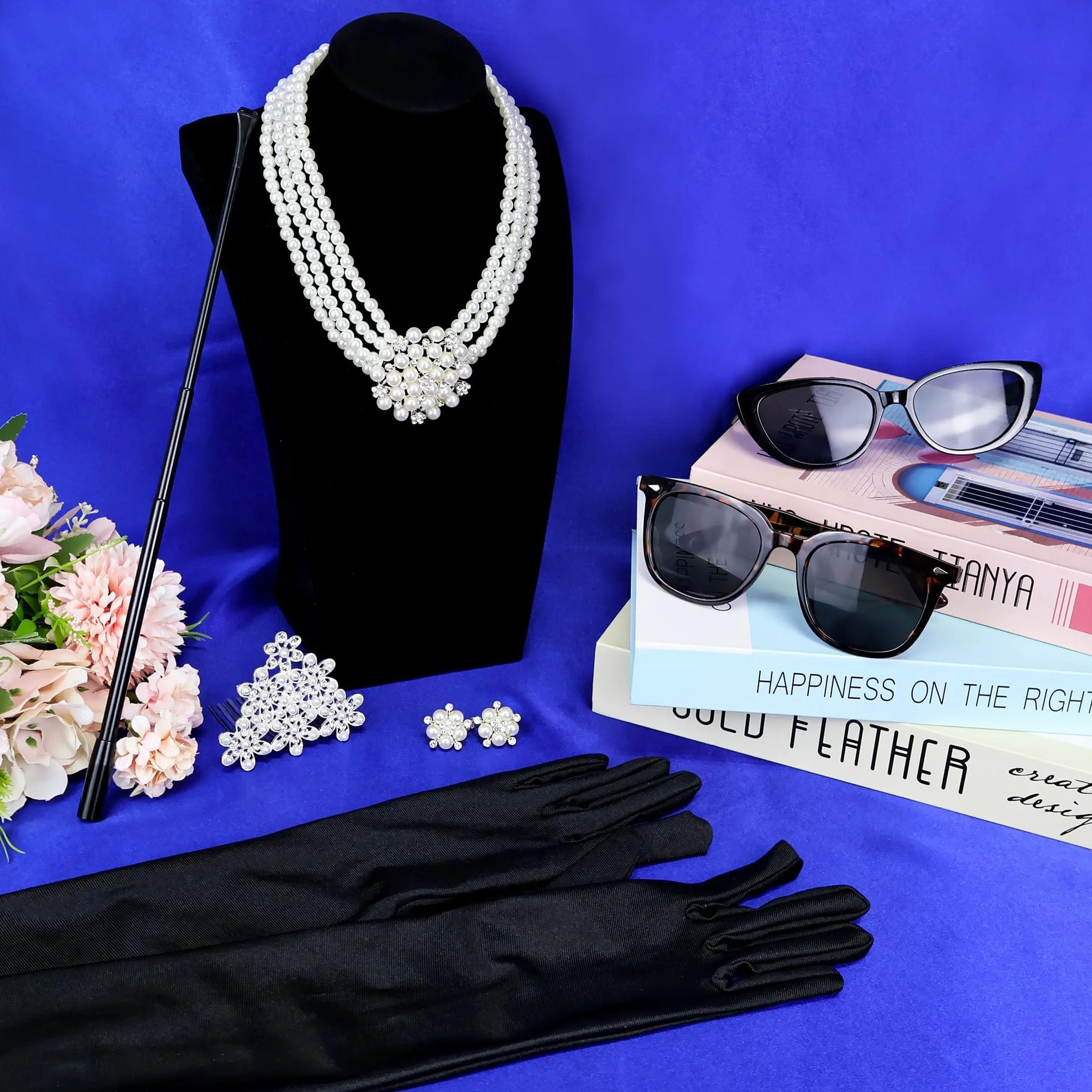 Horolam 6 accesorios de los años 20, accesorios retro de los años 20 para mujer, collar de perlas, aretes, soporte para cigarrillos, guantes, gafas de sol