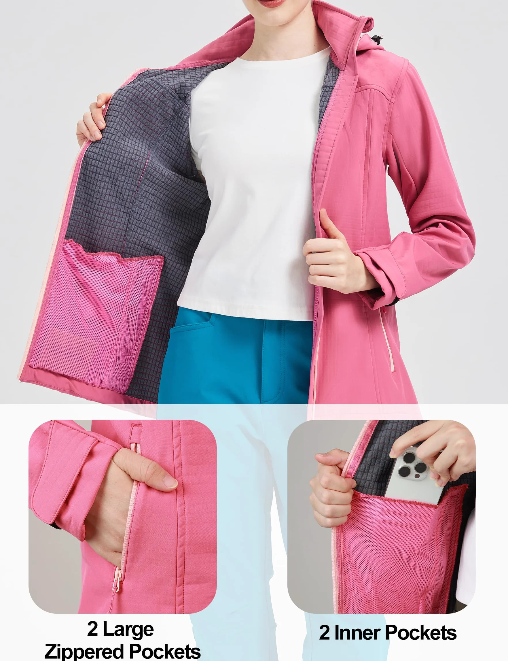 KUTOOK Chaqueta Softshell Impermeable para Mujer Invierno Transpirable ligera desmontable Running Senderismo Esquí Ciclismo HC402