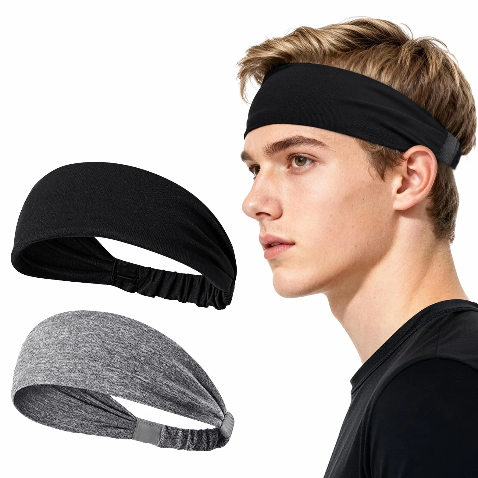 Sularpek Cinta Pelo Deporte 2 Piezas, Diadema Elástica Absorbente para Hombre y Mujer, Banda Antisudor para Running, Gimnasio, Yoga, Ciclismo, Incluye Negro y Gris