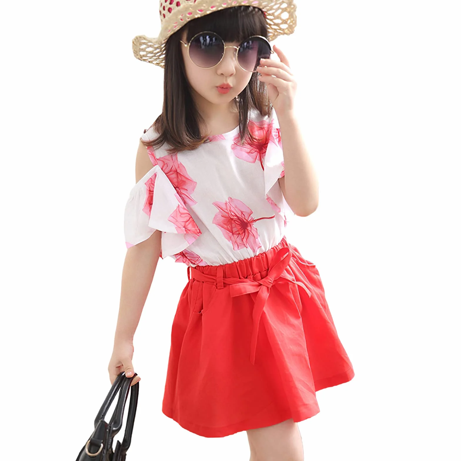amropi Niña Floral Conjunto de Verano Camiseta de Manga Volantes y Falda 2 Piezas Ropa Set 3-12 años