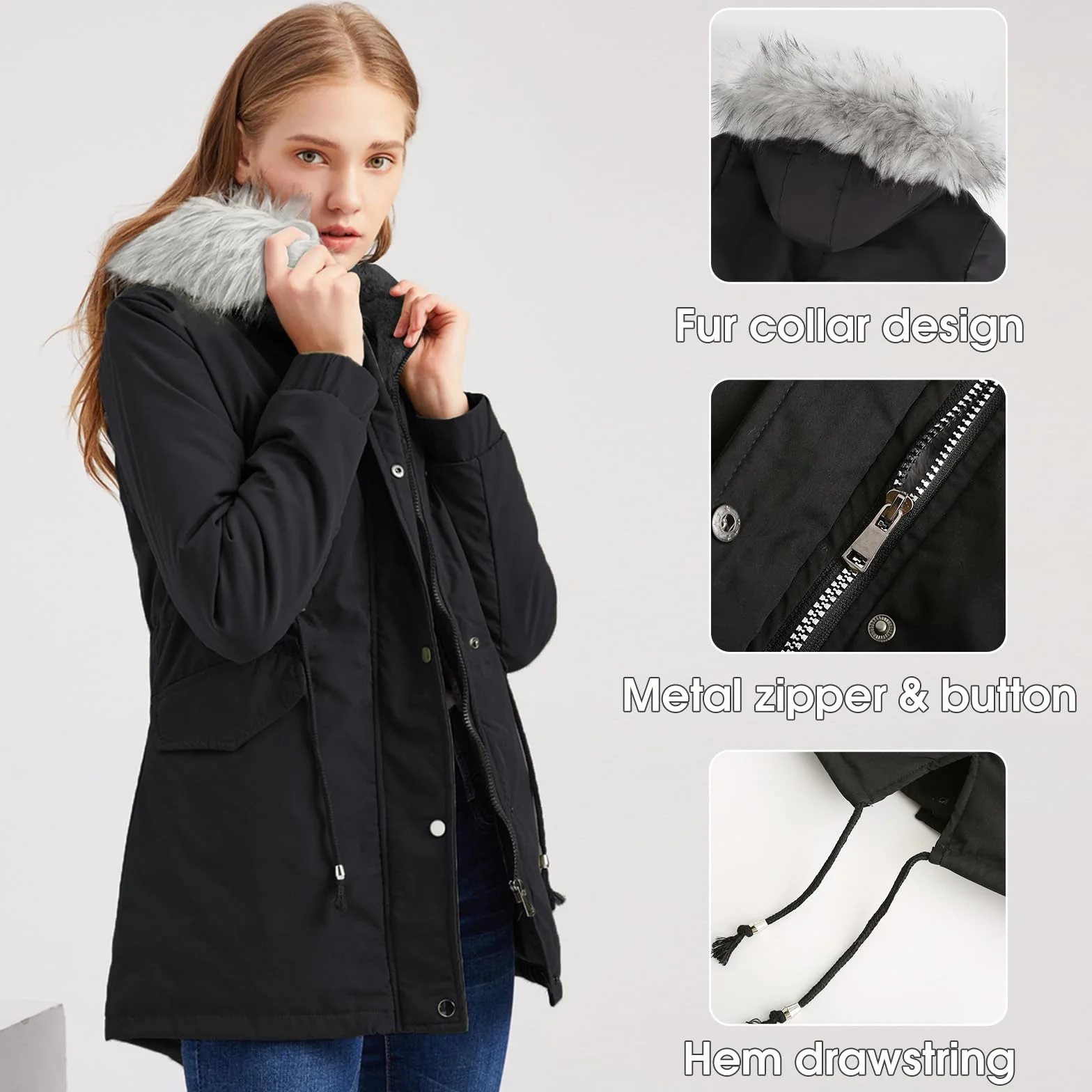 Vancavoo Chaqueta Mujer Invierno Abrigos Parka de Mujer Largo Cazadora con Capucha Abrigo Grueso de Lana con Bolsillos Cremallera Abrigo Cálido a Prueba de Viento