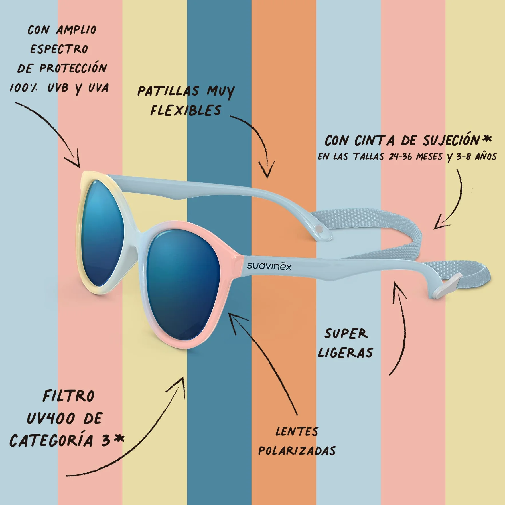 Suavinex, Gafas de Sol para Niños de 3 a 8 Años, Polarizadas, con Filtro UV 400, 100% Protección Rayos UVA y UVB, Funda y Cinta de Sujeción Incluidas, Flexibles y Ligeras
