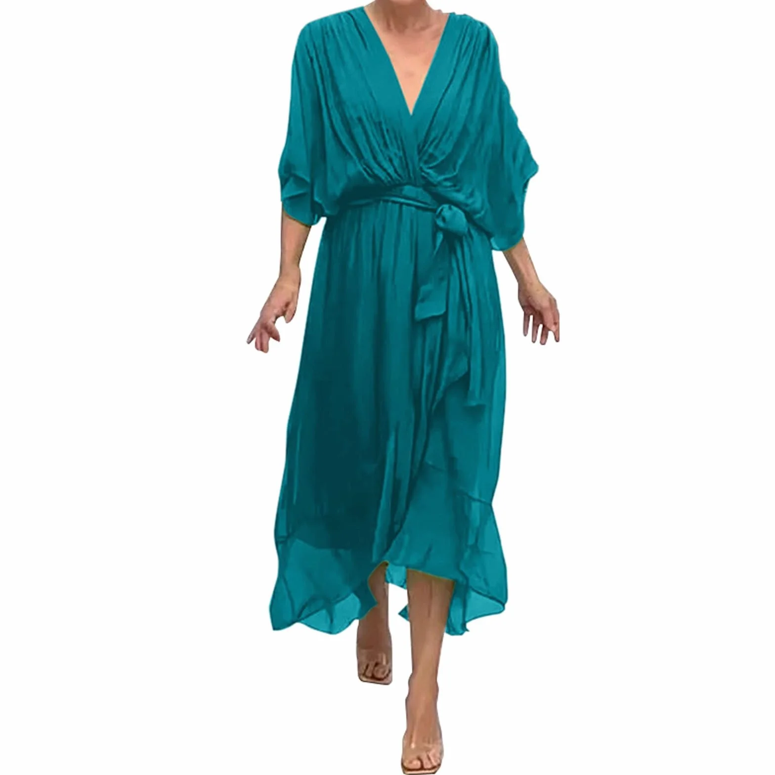Vestidos midi mujer Reino Unido color sólido manga murciélago irregular degradado talla grande cuello V manga corta