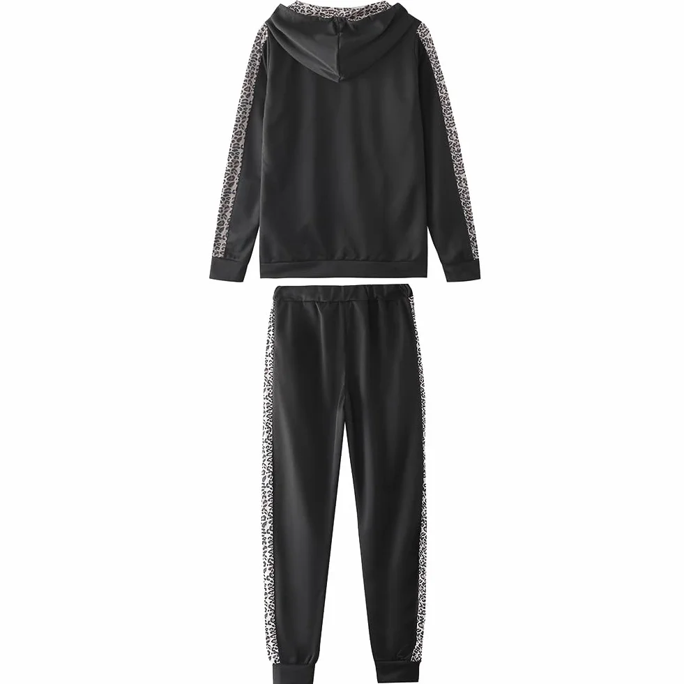 amropi Mujer Leopardo Conjunto de Ropa Chandal con Capucha Tops y Pantalones Deportivos Señoras 2 Piezas Set