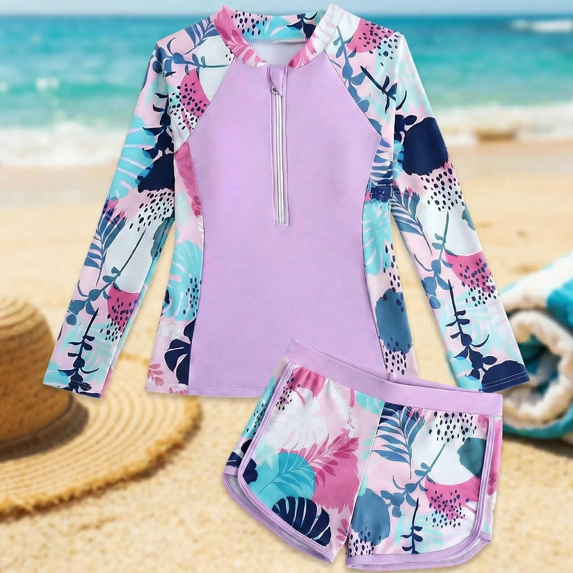 Traje de Baño Niña 2 Piezas Manga Larga Protección Solar, Estampado Top con Cremallera y Shorts Secado Rápido, Bañador Suaves Rash Guard Playa Piscina Ropa para 5-13 Años