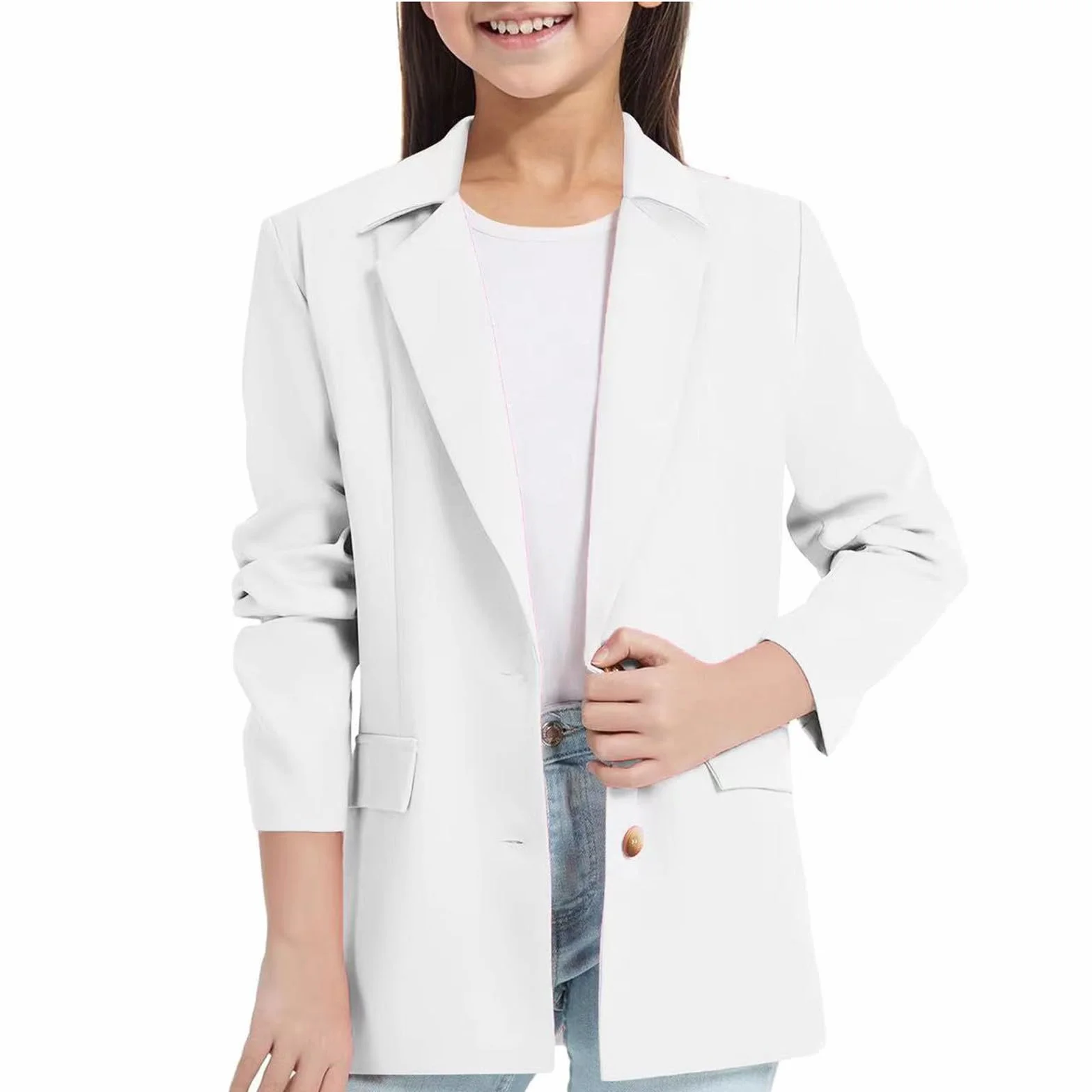 Chaqueta de chal, chaqueta de manga larga con solapa para niñas, chaqueta de traje formal para reuniones formales, presentaciones escolares, #02 Blanco, 150