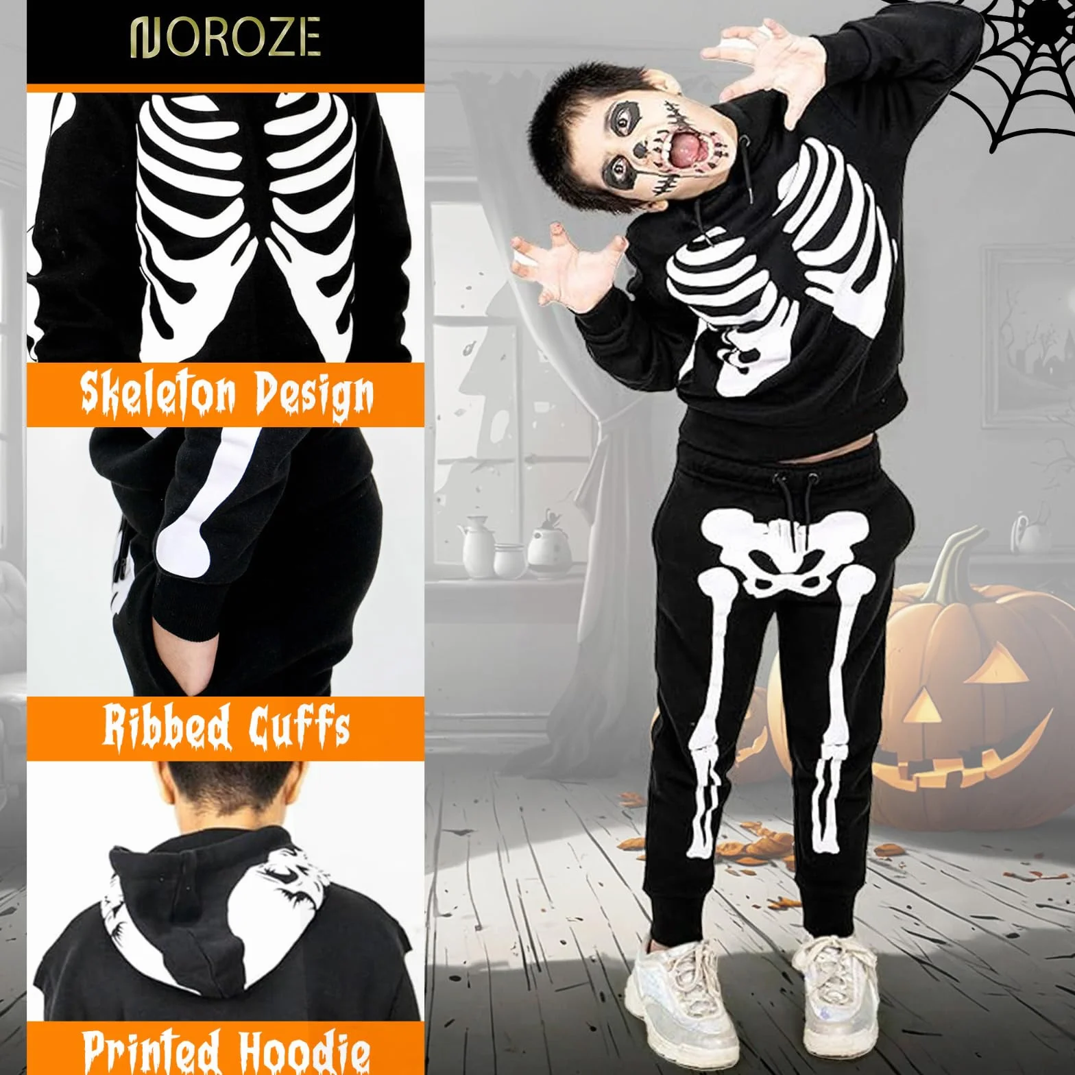 NOROZE Conjunto de chándal unisex de esqueleto de Halloween para niñas, 2 piezas, sudadera con capucha y pantalones deportivos, tallas del Reino Unido de 5 a 13 años