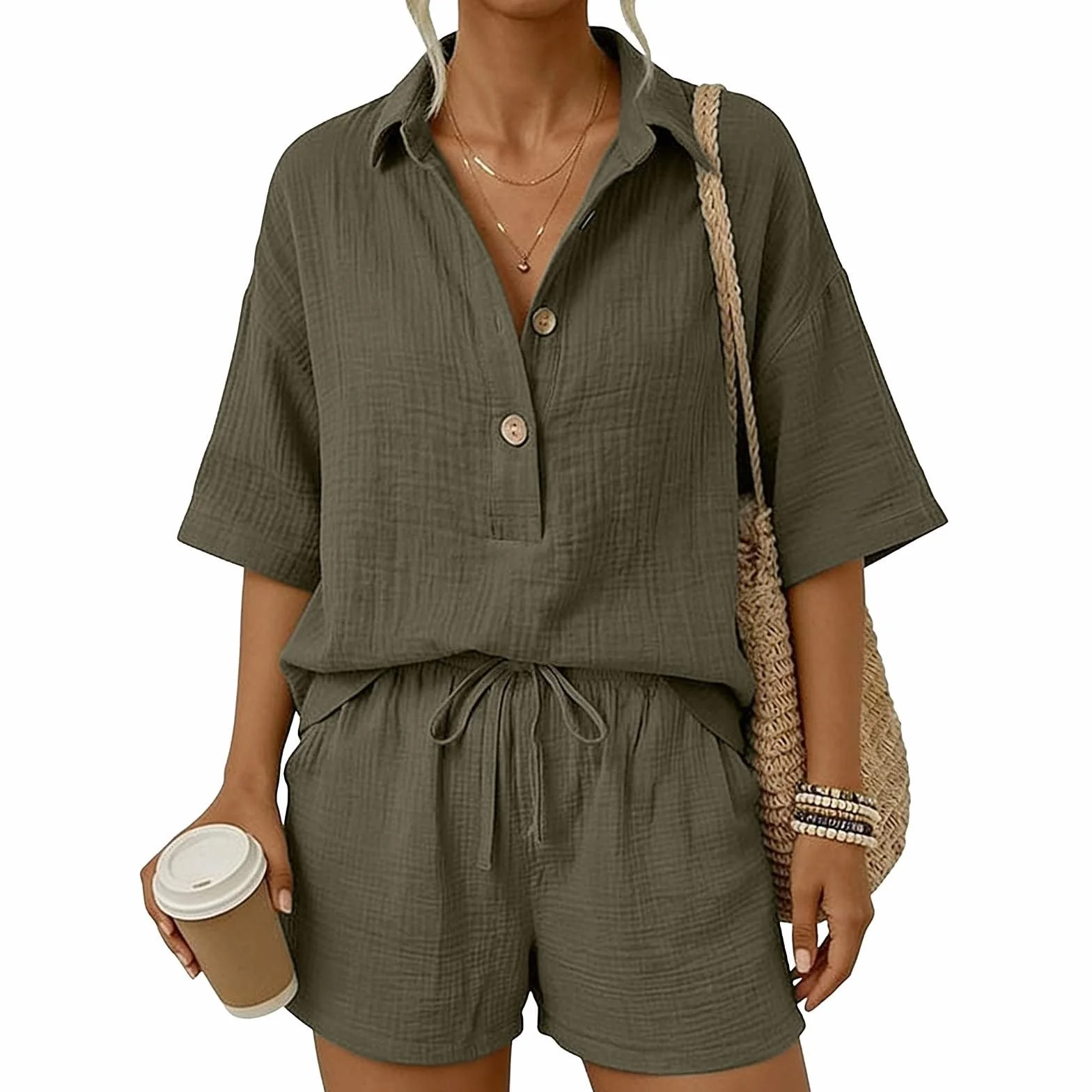 Genérico Conjuntos Mujer Verano Casual Dos Piezas Pantalon Cortos y Blusa Elegante Conjunto Lino Chándal Camisa Manga Corta Conjunto de Verano Ropa de Playa Chandal con Bolsillos
