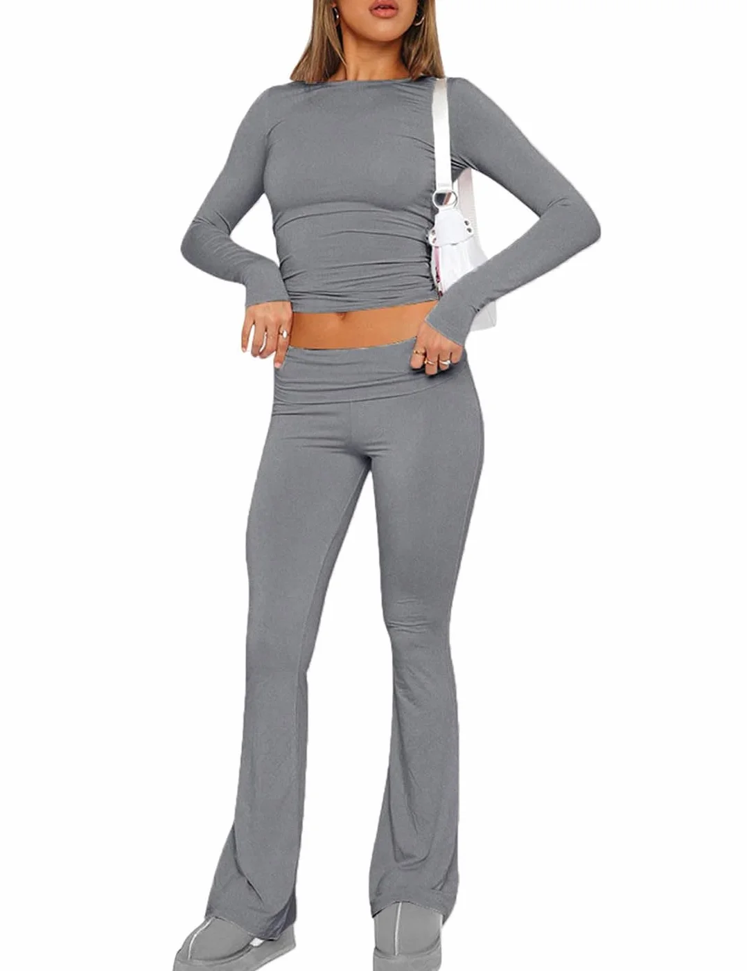 Verano Mujeres Dos Piezas Lounge Set Slim Fit Tops de Manga Corta y Yoga Flare Pantalones Chándal Leisure Outfit Fitness Conjunto Deportivo
