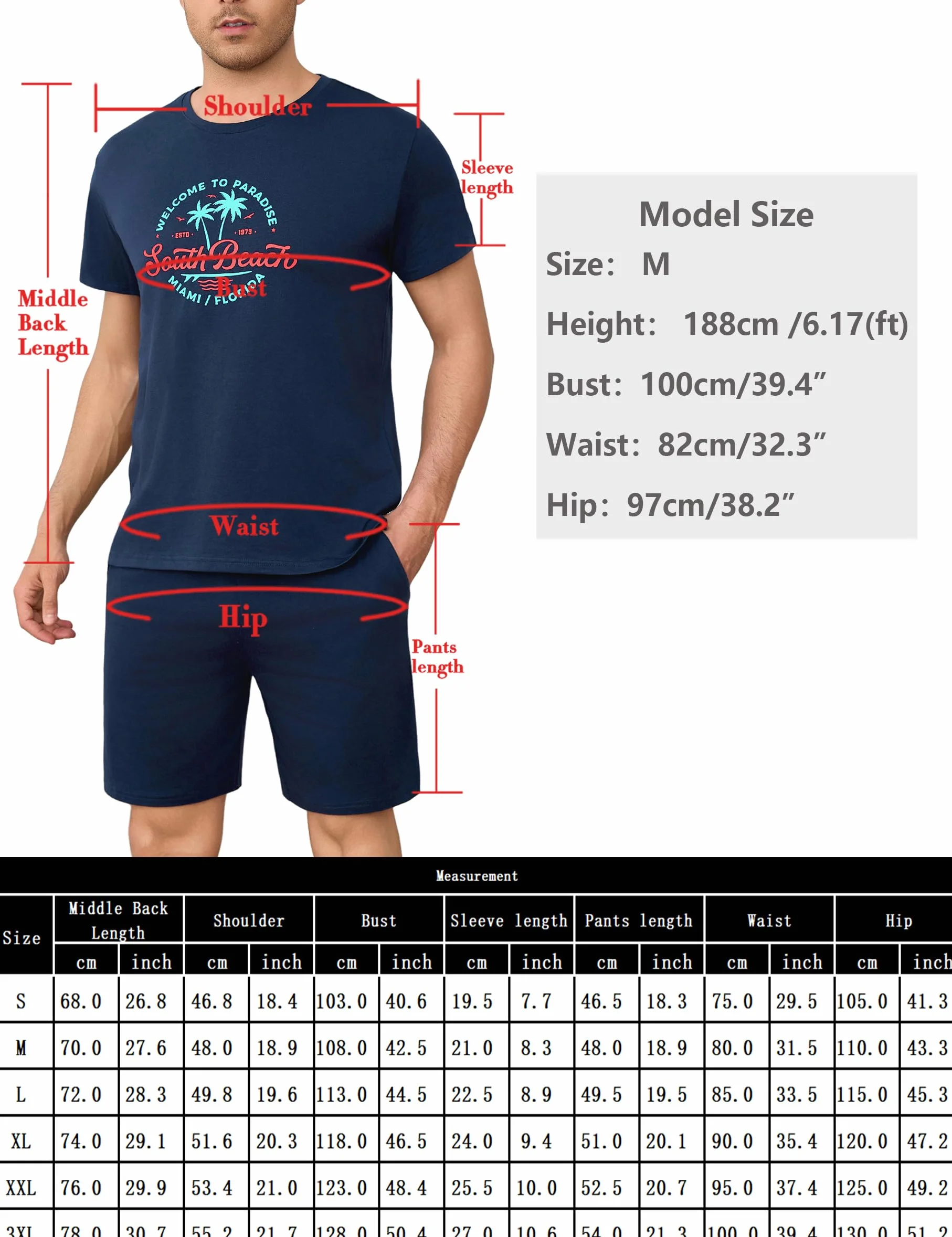 Bresdk Pijama Hombre Verano Corto Cuello Redondo Pijamas Algodón Estampado de Letras Camiseta Manga Corta y Pantalones Cortos 2 Piezas
