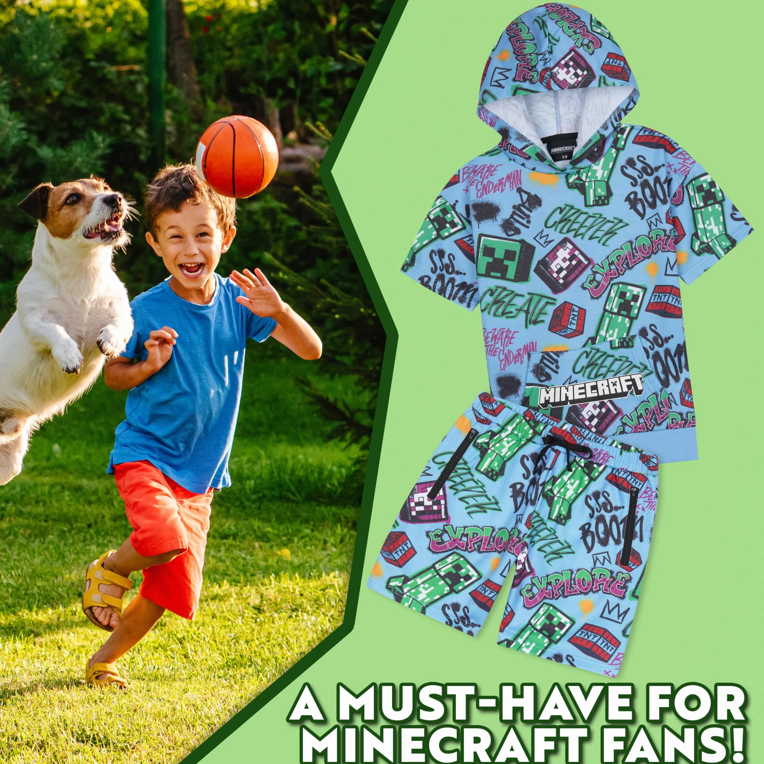 Minecraft Conjunto de 2 piezas de sudadera con capucha y pantalones cortos para niños y adolescentes, de manga corta, con capucha, bolsillos con cremallera, ropa deportiva casual