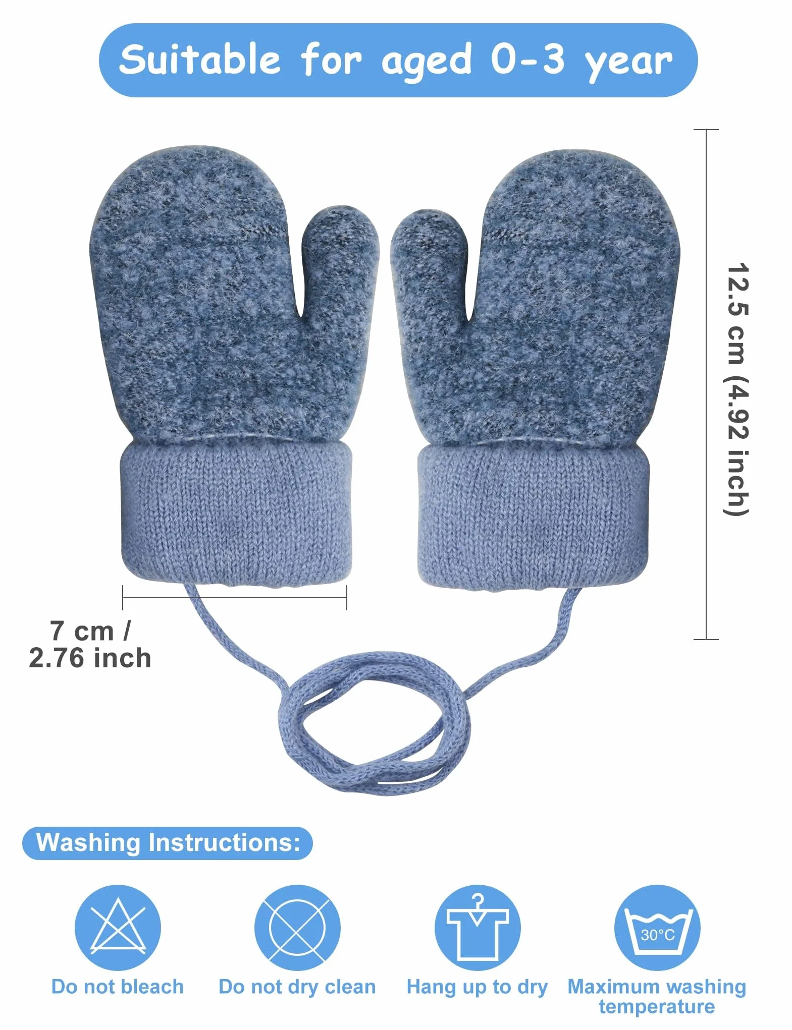 Becellen Guantes Invierno Niños Manoplas Guantes Termicos de Punto con Forro Polar Cuerda Cuello para Bebé Niños Niñas 0-3 Años