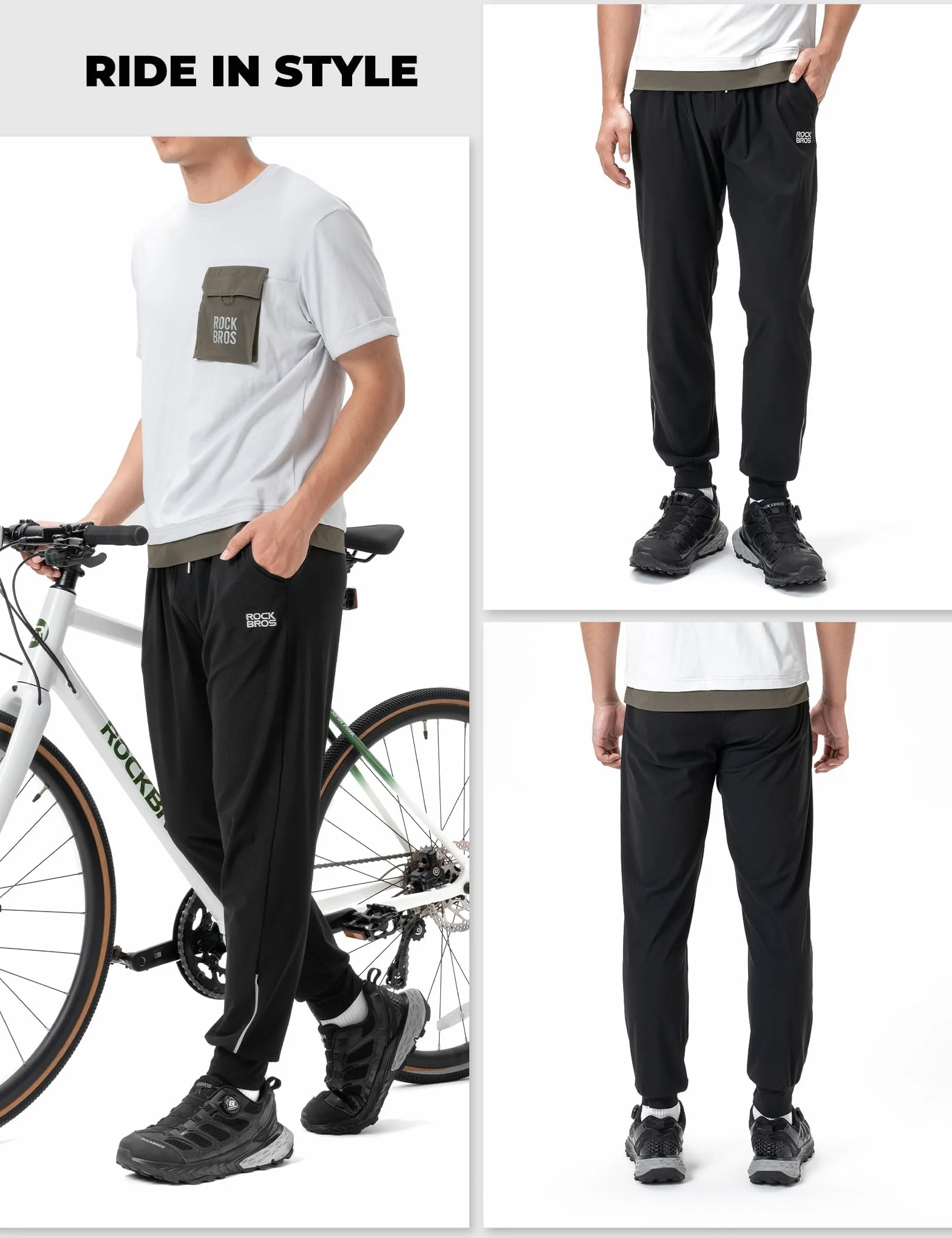ROCKBROS Pantalones Largos de Ciclismo para Hombre, Pantalón con Bolsillos Ligero, Transpirable y Secado Rápido, Reflectantes para Entrenamiento Running Bicicleta de Carretera y MTB, Negro