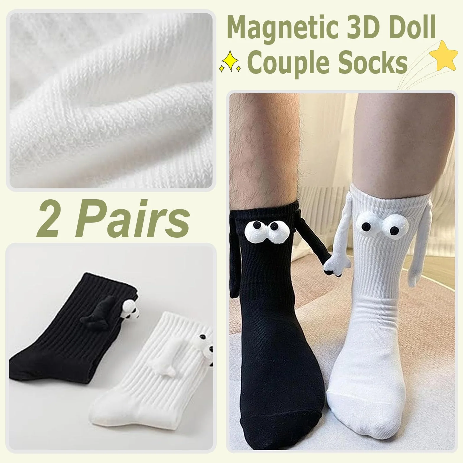 2 Pares Calcetines para Parejas con Las Manos, Calcetines Magnéticos para Sujetar Las Manos, Divertidos Calcetines Magnéticos con Succión en 3D para Muñecas, Calcetines de Tubo Medio