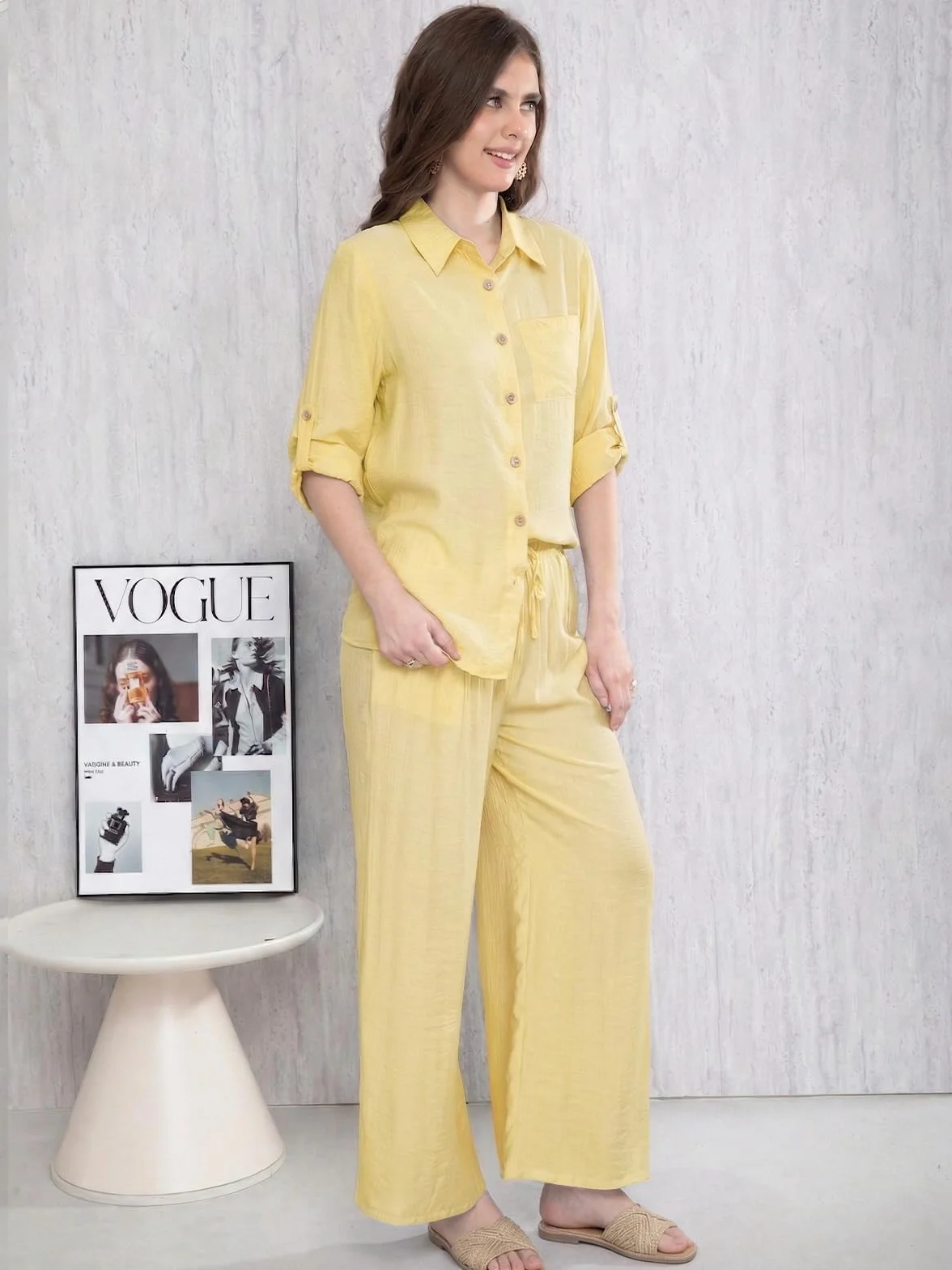 Adigaber Chándal de Manga Larga para Mujer Camisa con Botones y Holgado Cintura Alta Pierna Ancha Cordón Pantalones con Bolsillos