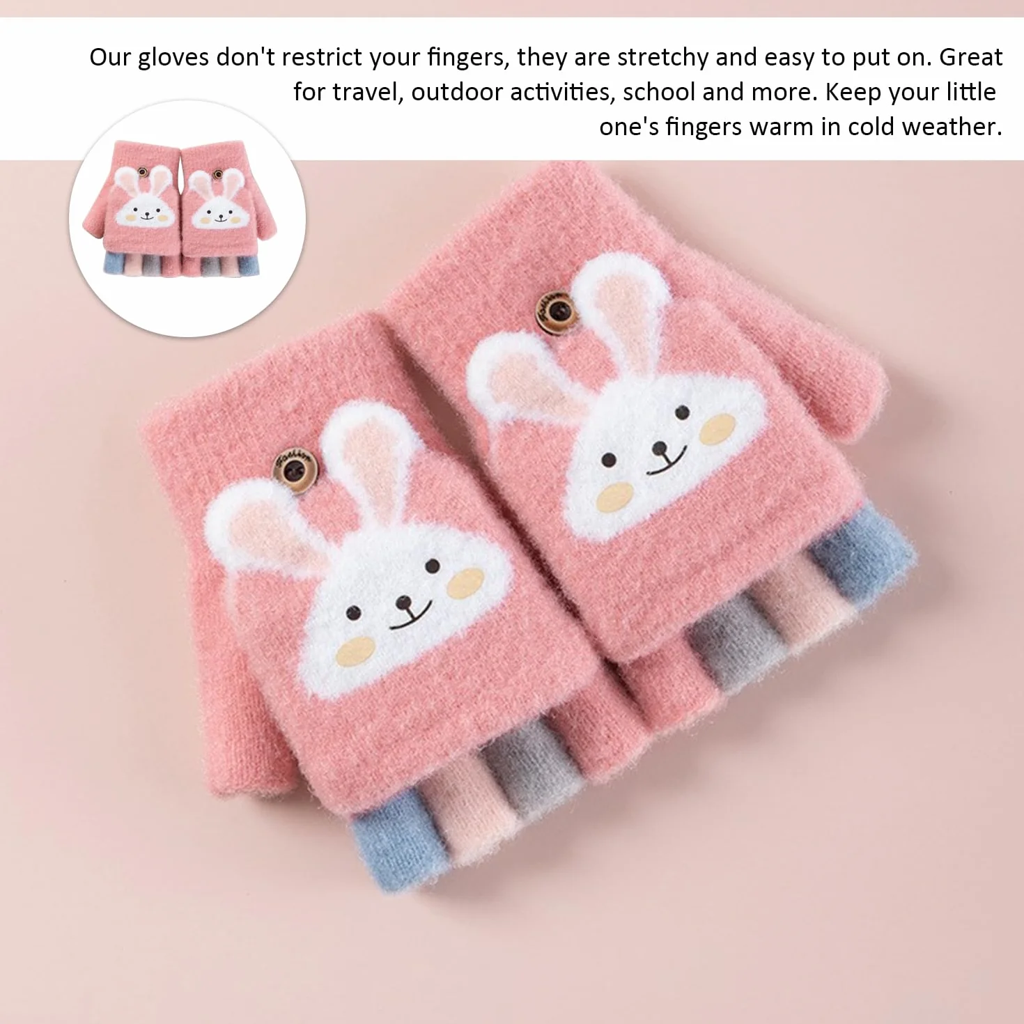 1 par de guantes de conejo para niños, guantes sin dedos, guantes rosas, guantes de dibujos animados para niñas, guantes acolchados cálidos, adecuados para el invierno