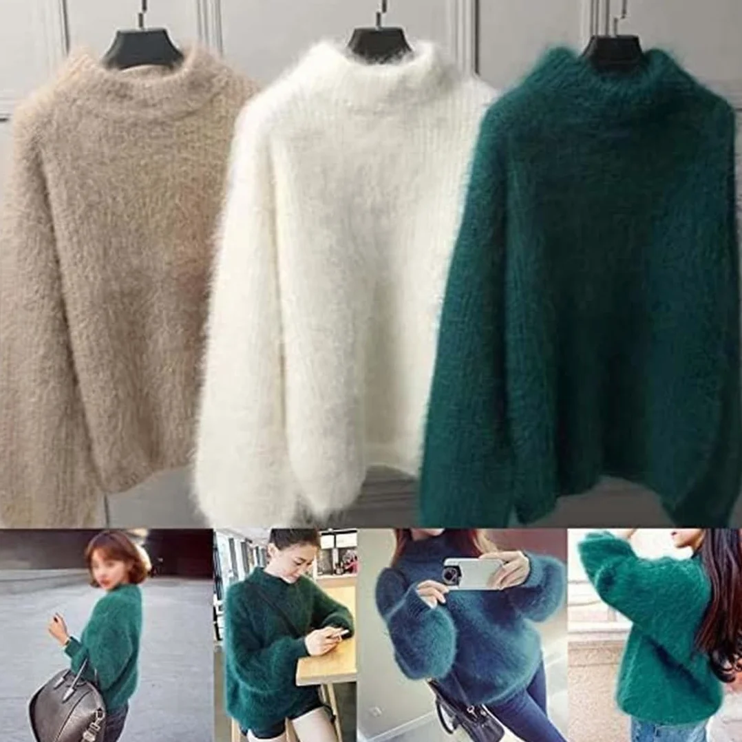 Suéter cálido y suelto de mezcla de cachemira Angora para mujer, suéter de punto de cuello redondo de color sólido