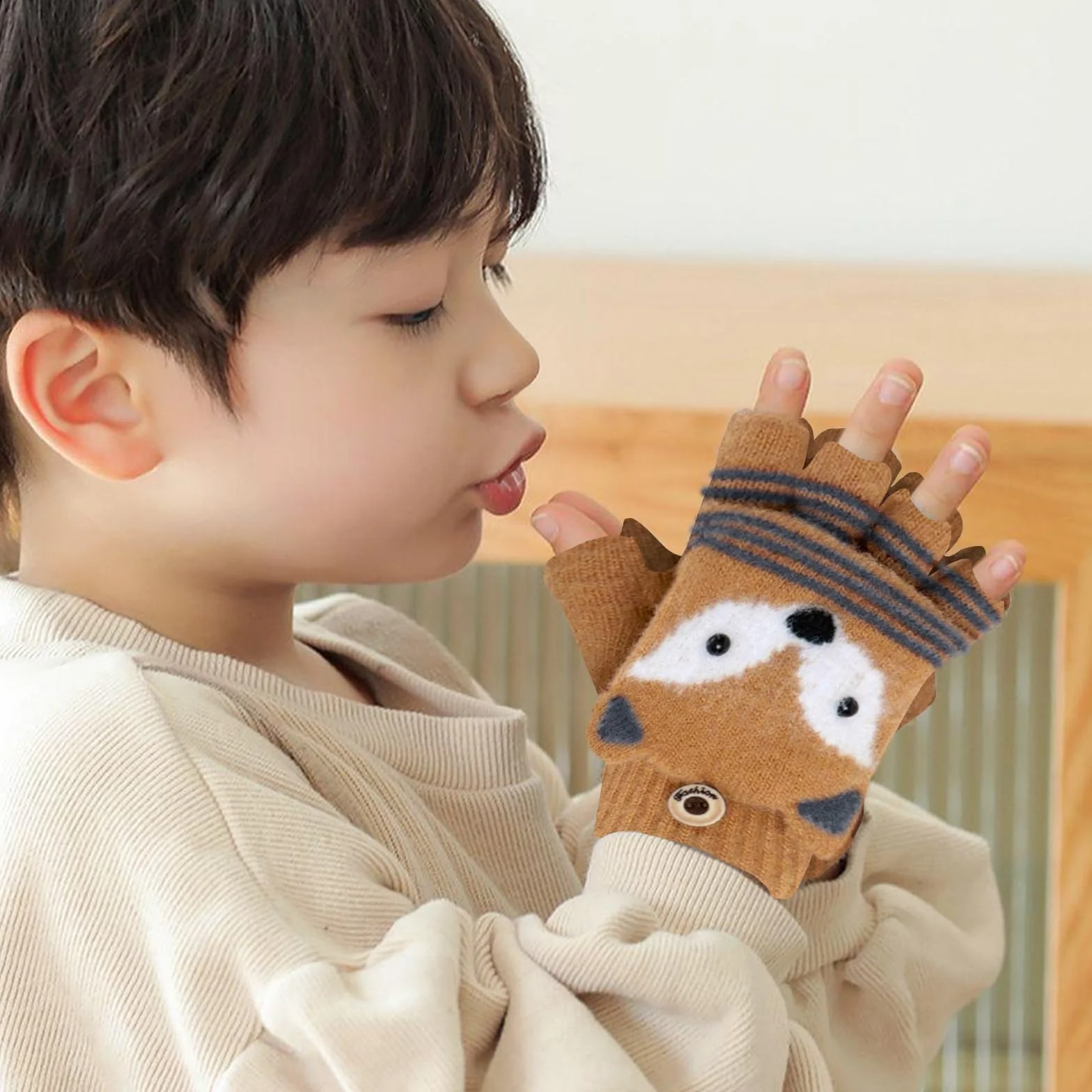 2 Pares Guantes para Niños sin Dedos, Guantes de Invierno para Niños, Cute Guantes Cálidos Convertibles con Tapa Abatible Suaves para Niñas y Niños de 3 a 9 Años
