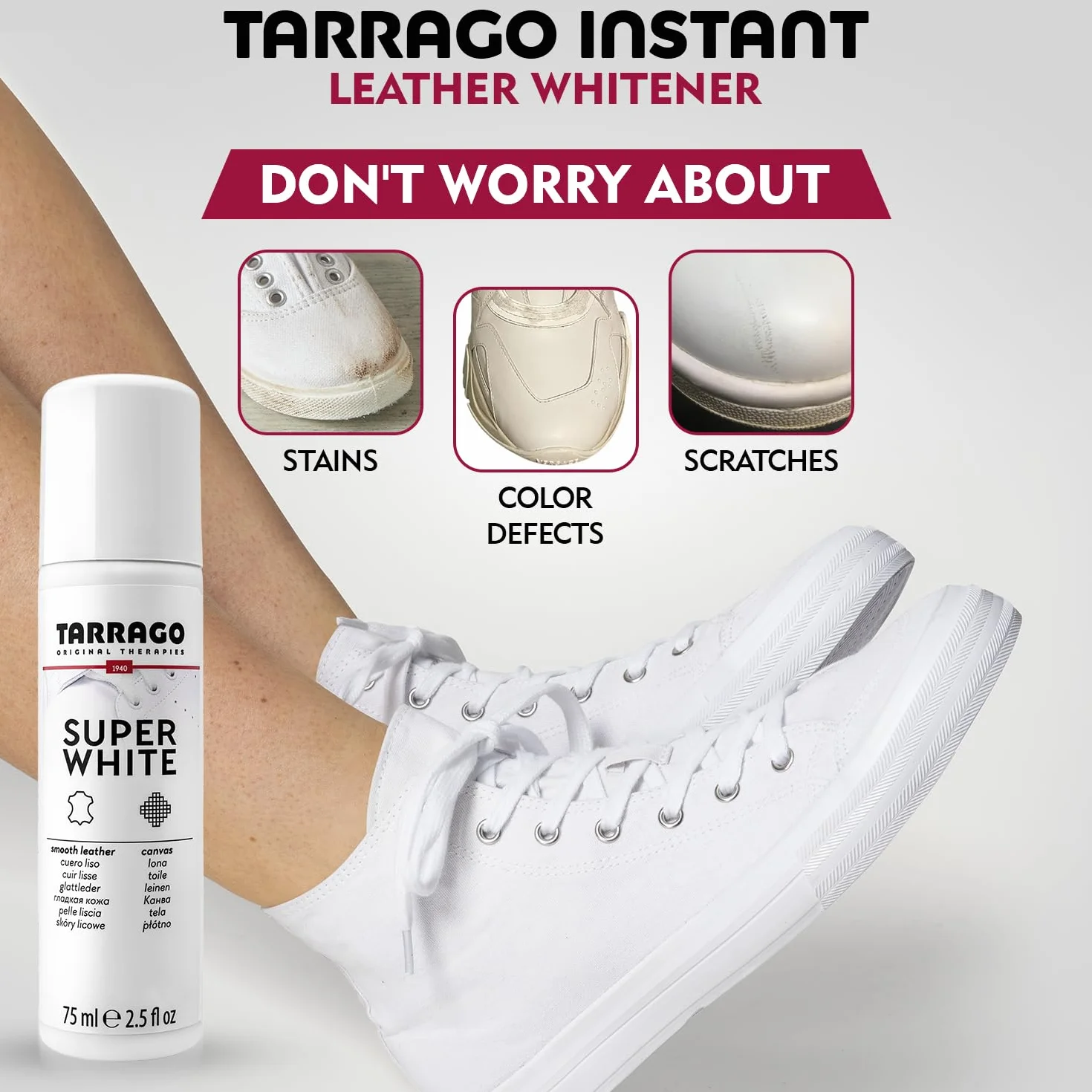 Tarrago Super White 75 ml | Blanqueador para Calzado | Apto para cualquier Superficie: Cuero, Piel Lisa, Piel Sintética y Lona | Para Zapatos y Zapatillas