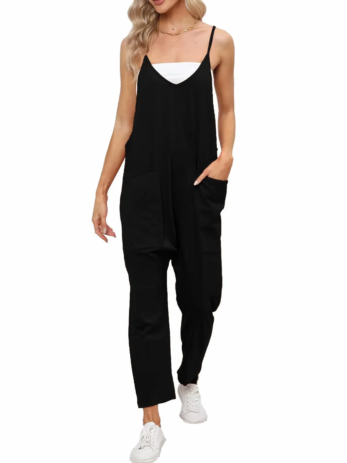 Cegerne Pantalones de trabajo para mujer Mono holgado Peto sin mangas con grandes bolsillos, Negro, XL
