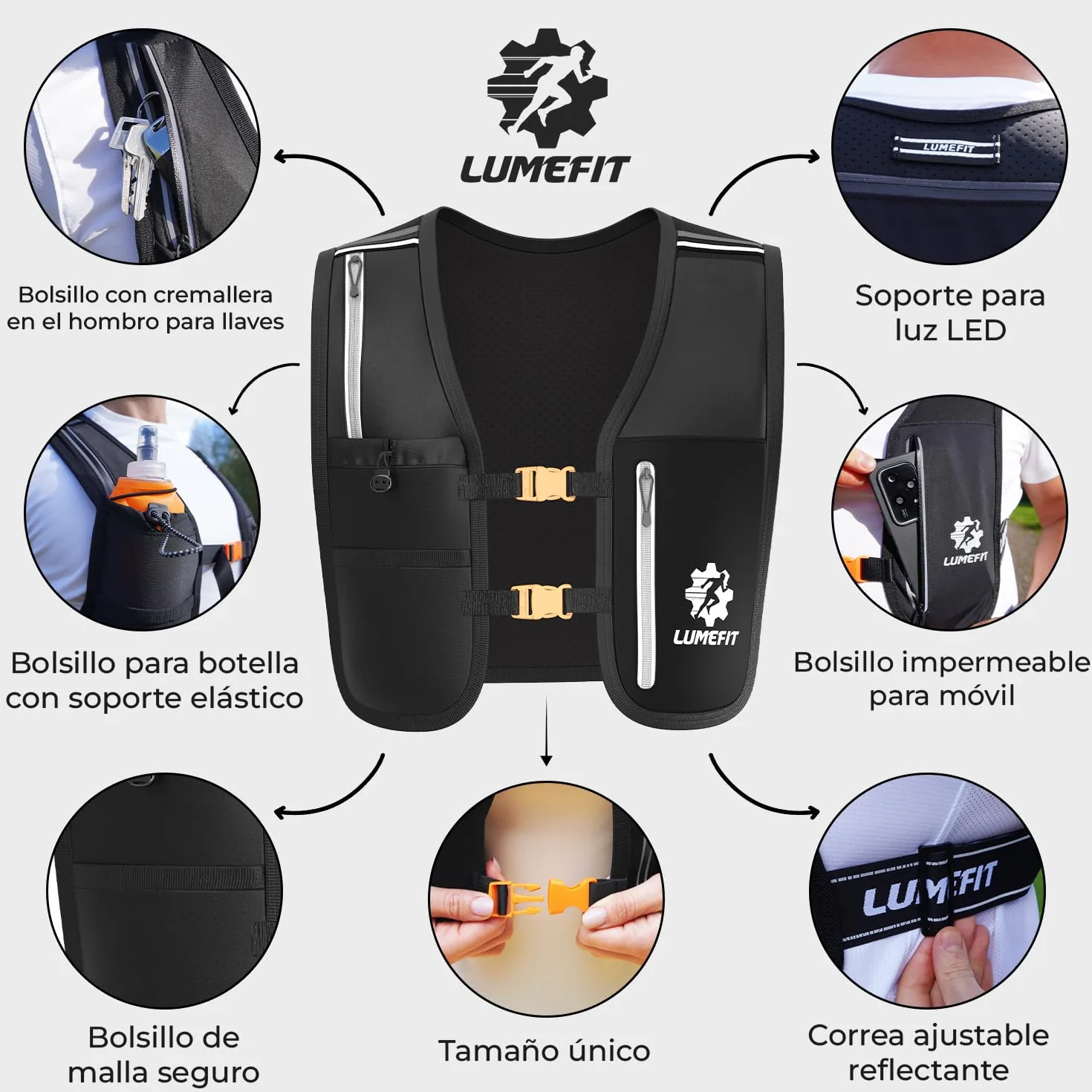 LUMEFIT Chaleco Running Mochila Hidratacion Trail Running con Soporte para Teléfono - 6 Bolsillos y Botella 500ml, Reflectante - Ideal para Senderismo, Maratón, Escalada - para Hombres y Mujeres