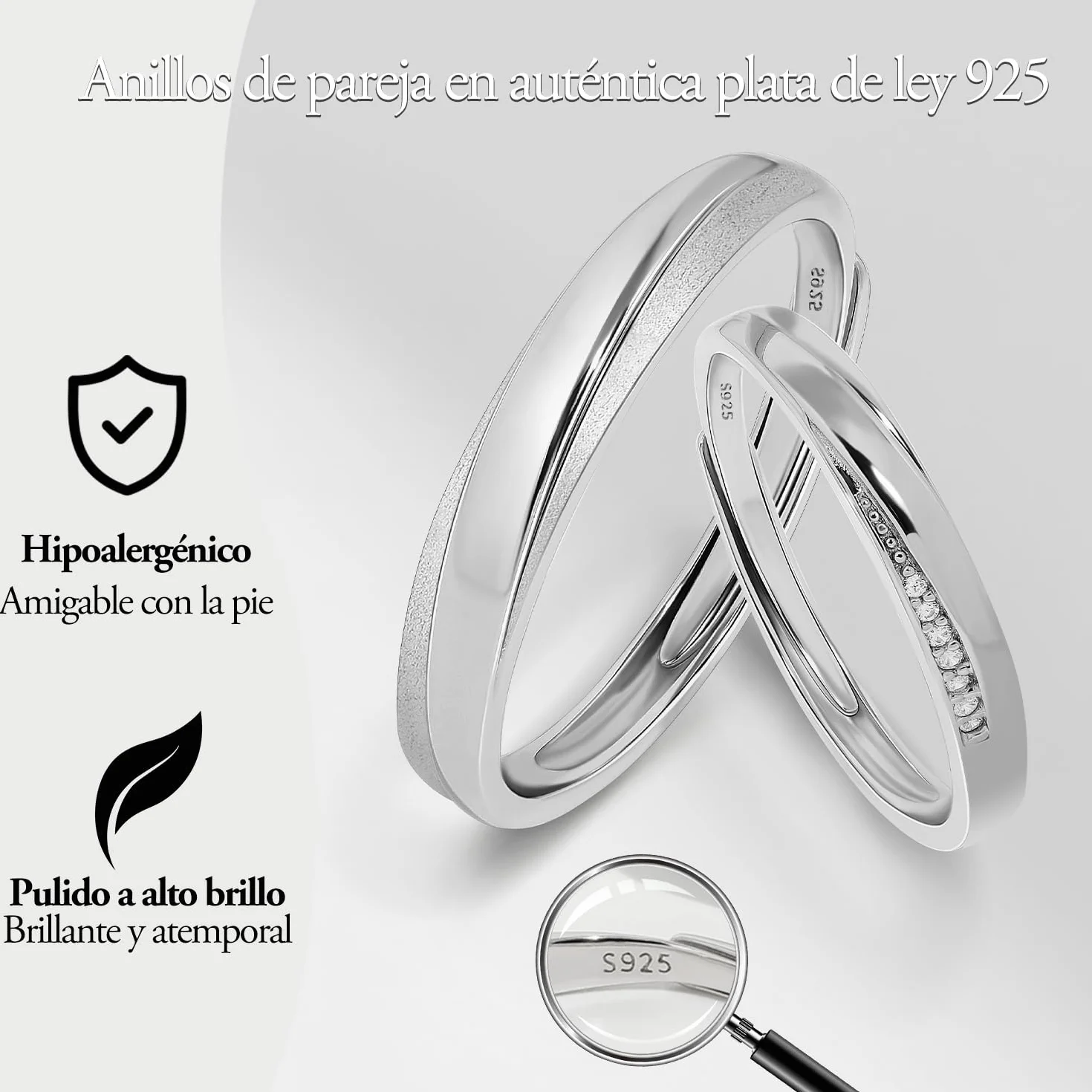 Meissa 2 Piezas Anillos Pareja para Hombres y Mujeres 925 Plata Anillos de Boda Alianza Ajustable Anillo de Promesa Anillos Pareja Juego