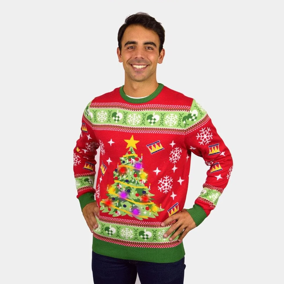 Jersey de Navidad Familia con Luces LED para Mujer, Hombre y Niños Rojo y Azul con Árbol Navidad