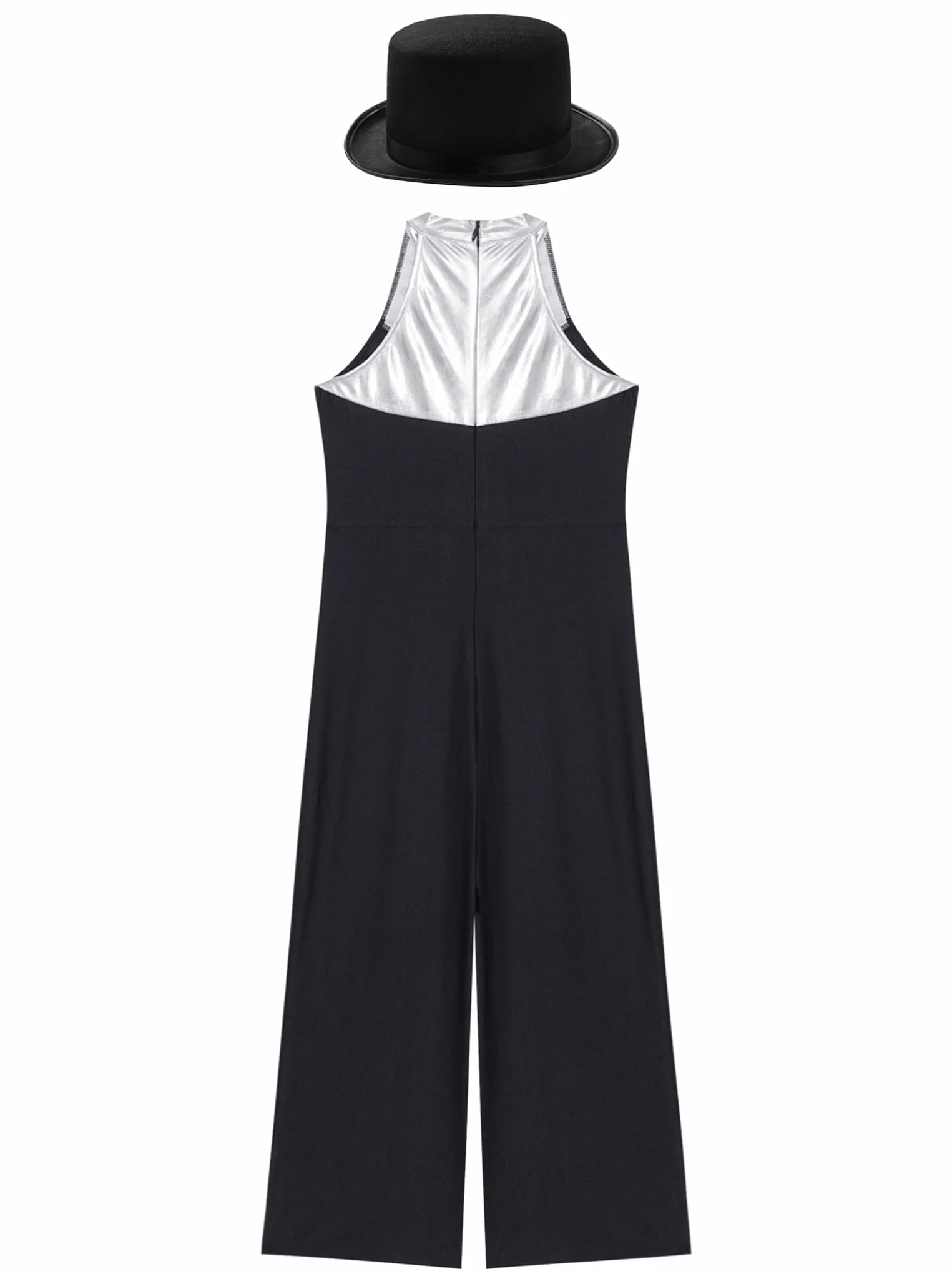 Hedmy Traje de Baile Latino Jazz para Niñas Mono de Pierna Ancha Pantalón de Baile de Patchwork Metálico con Sombrero Ropa de Baile Claqué 5-16 Años