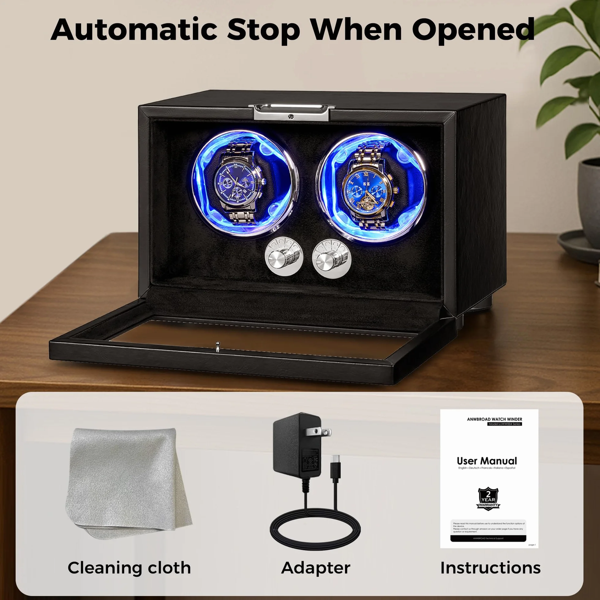ANWBROAD Enrollador de relojes automáticos, rotador doble con LED y 4 modos, motor Mabuchi super silencioso, adaptador UJWW004B.