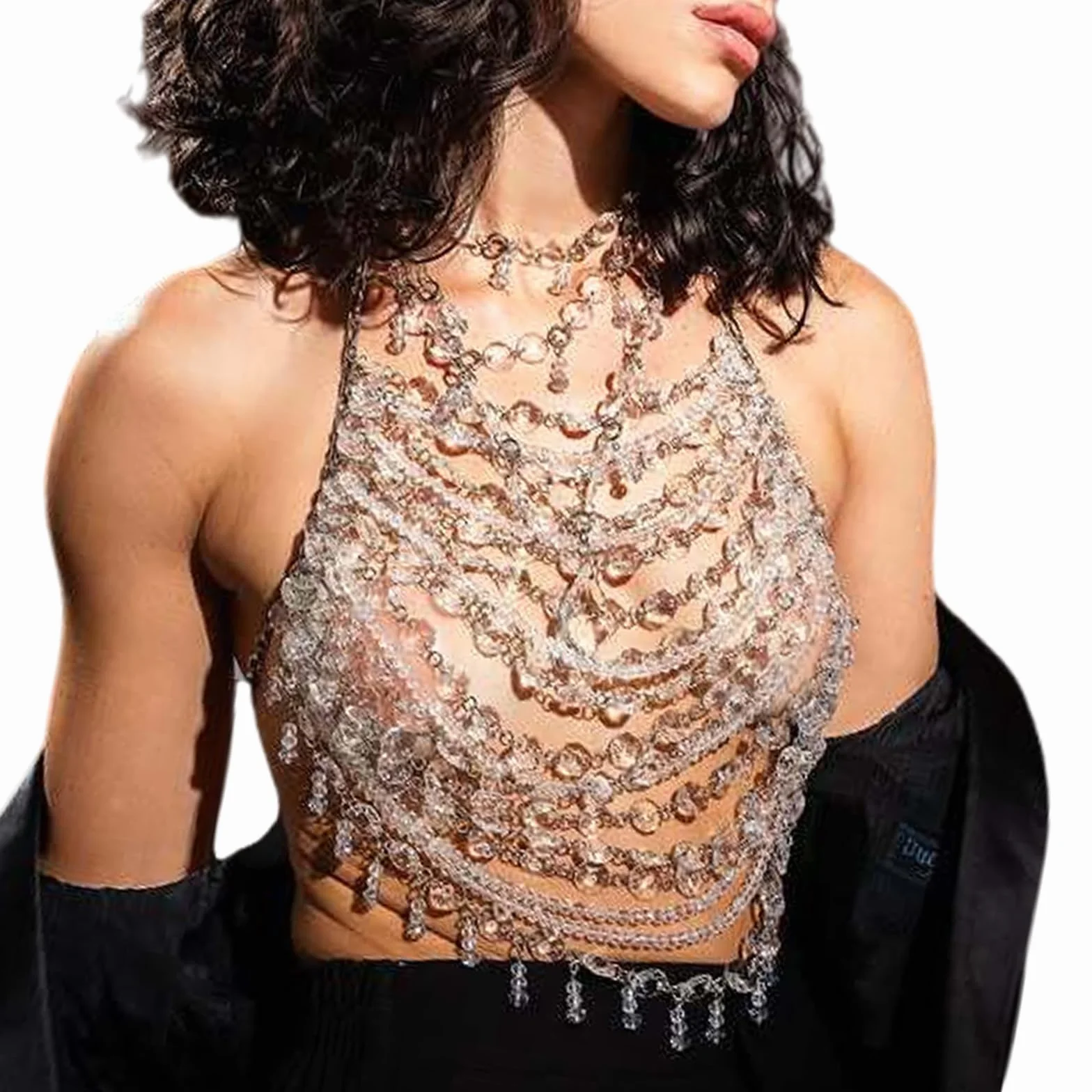 Top Corto De Joyería Para Cuerpo Adornado Con Cristales De Lujo Para Mujer Para Discotecas Y Eventos Collar De Cadena Para Cuerpo De Múltiples Cadena De Sujetador De Playa Para Fiesta De