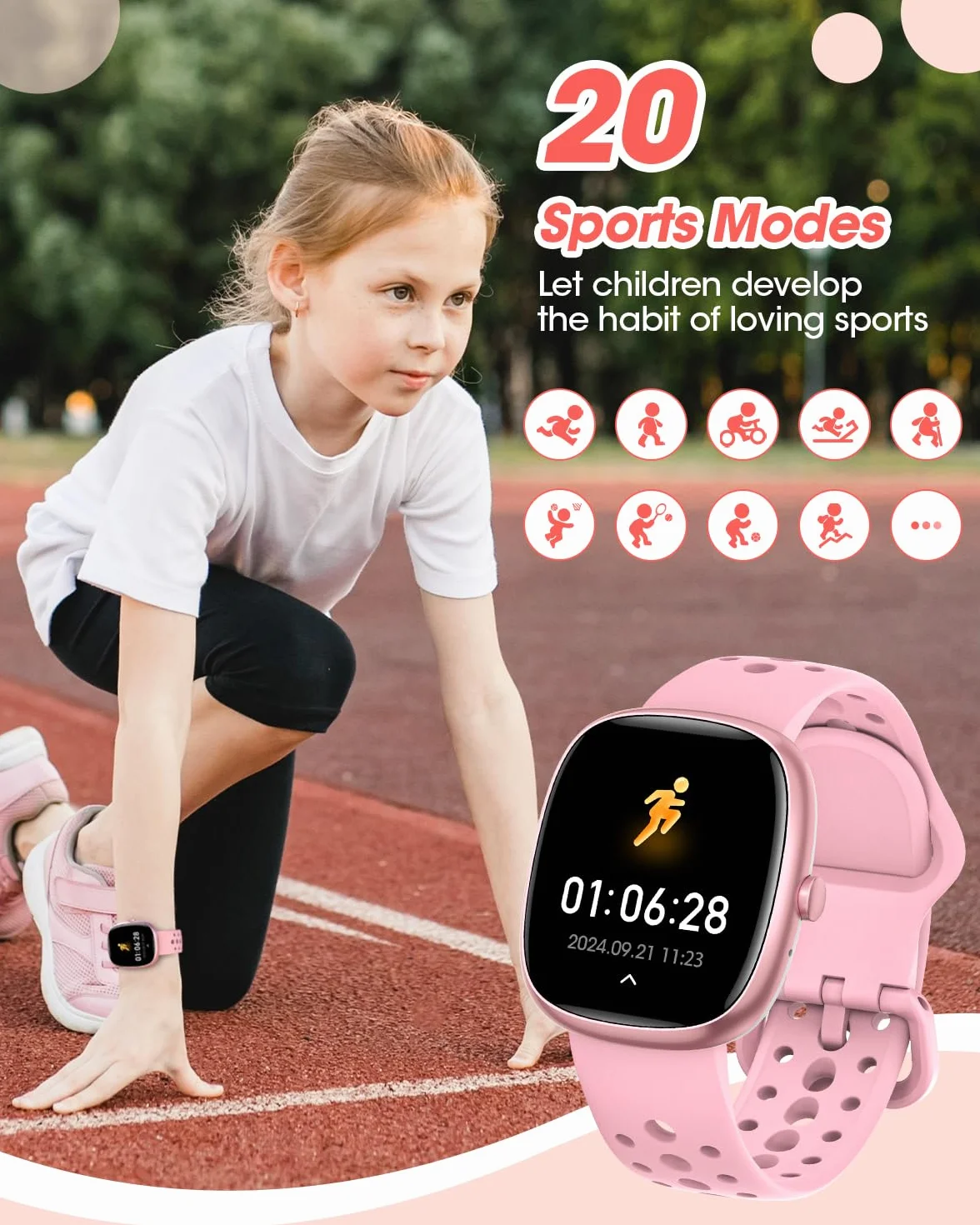 Reloj Inteligente Niña, Pulsera Inteligente con 20+ Modos Deportivos, 19 Juegos de Rompecabezas, Frecuencia Cardíaca, Impermeable, Sueño, Despertador, Regalos para Niños, Rosa