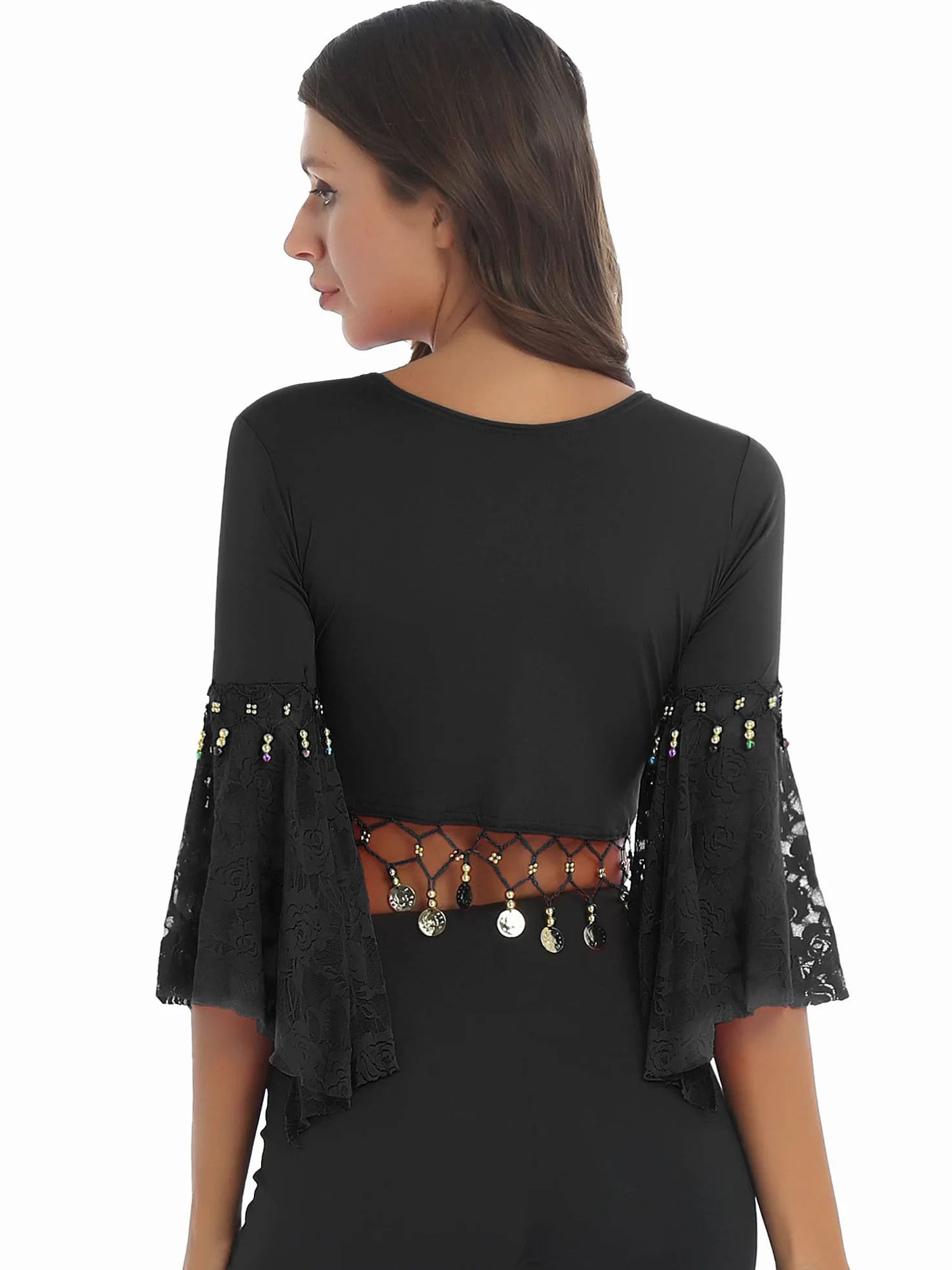 Alvivi Top de Danza del Vientre para Mujer Disfraz de Bailarina Top Manga Volantes de Danza Moderna Crop Top de Danza Oriental Mujer
